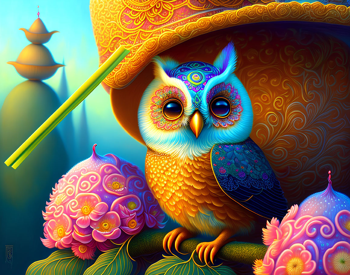 Colorful stylized owl with intricate patterns perched on branch with whimsical flowers