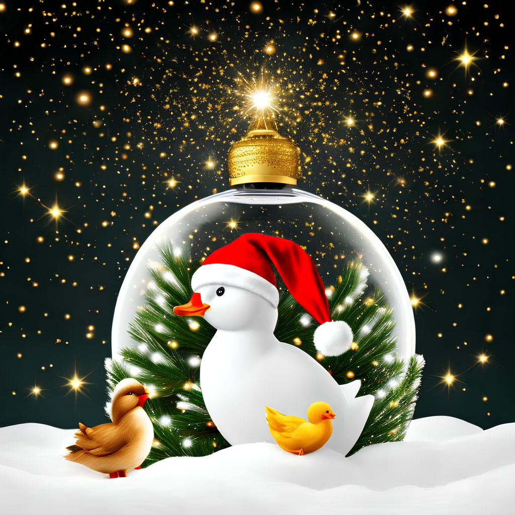 Snowman in Santa hat, ducks, starry night sky, snowflakes in Christmas ornament