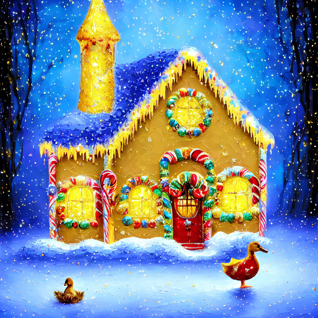 Whimsical gingerbread house with candy decorations in snowy scene