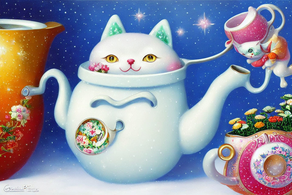 White Cat Pouring Tea with Teacup Hat and Kitten in Colorful Teapot Scene