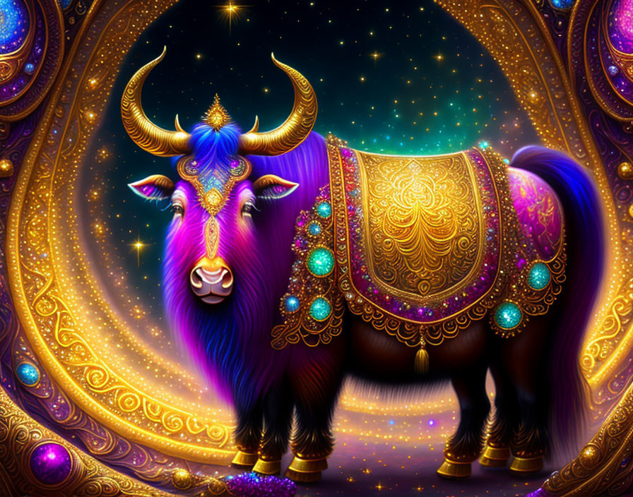 Colorful Yak Illustration with Cosmic Background