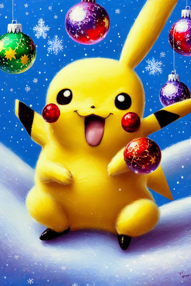 Festive Pikachu illustration with red ornaments in snowy scene