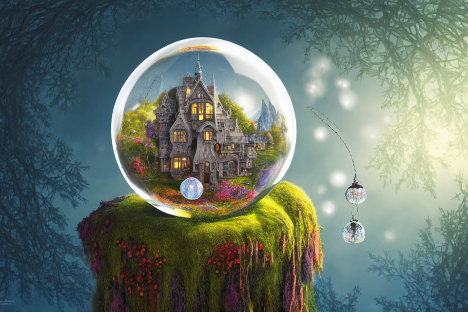 Whimsical artwork of Victorian house in transparent bubble on floating island