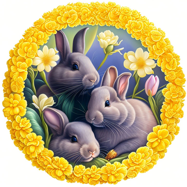 Circular illustration of three grey bunnies with yellow flowers, green leaves, and tulips.