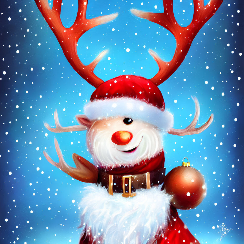 Cartoon reindeer in Santa's outfit with falling snow on blue background