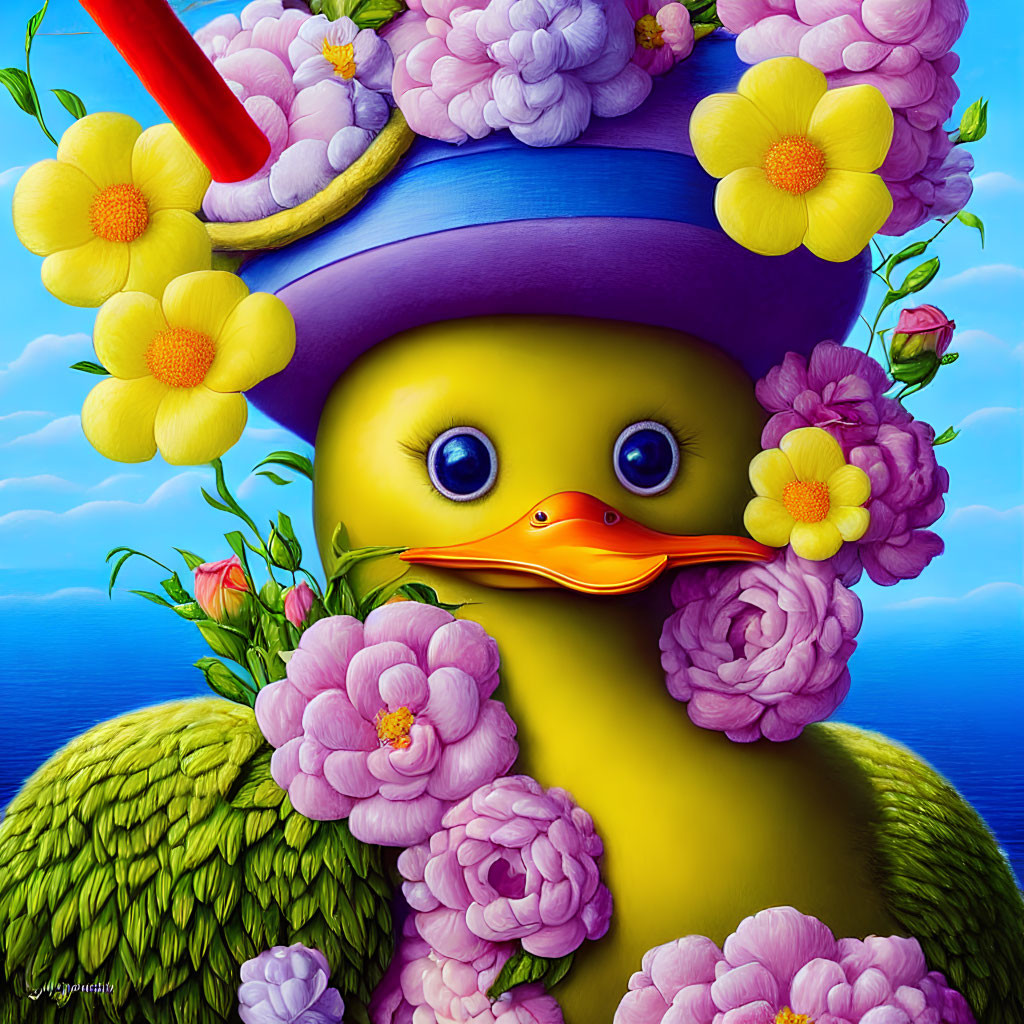 Whimsical duck with purple hat and flowers sipping drink