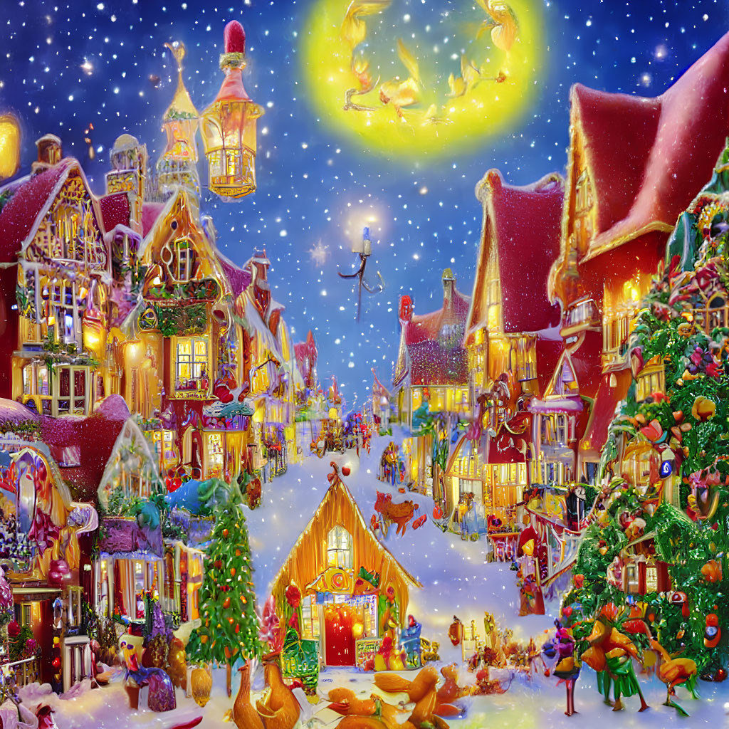 Festive Christmas Village Scene with Snow and Moonlit Sky