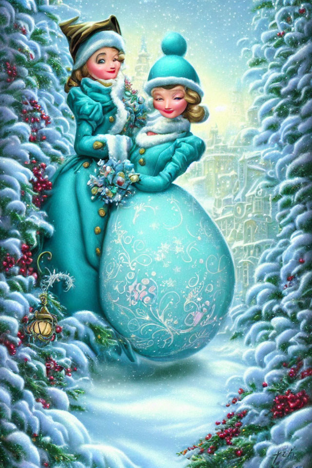 Illustration of two cheerful characters in teal winter attire in snowy scene