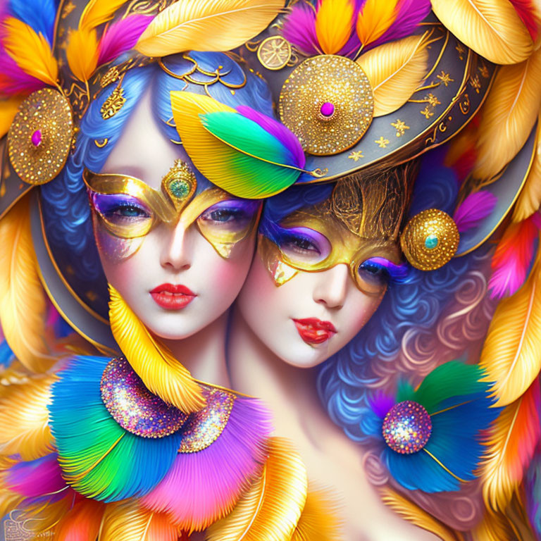 Colorful digital artwork: Stylized female faces with feathered masks and jewel-adorned head