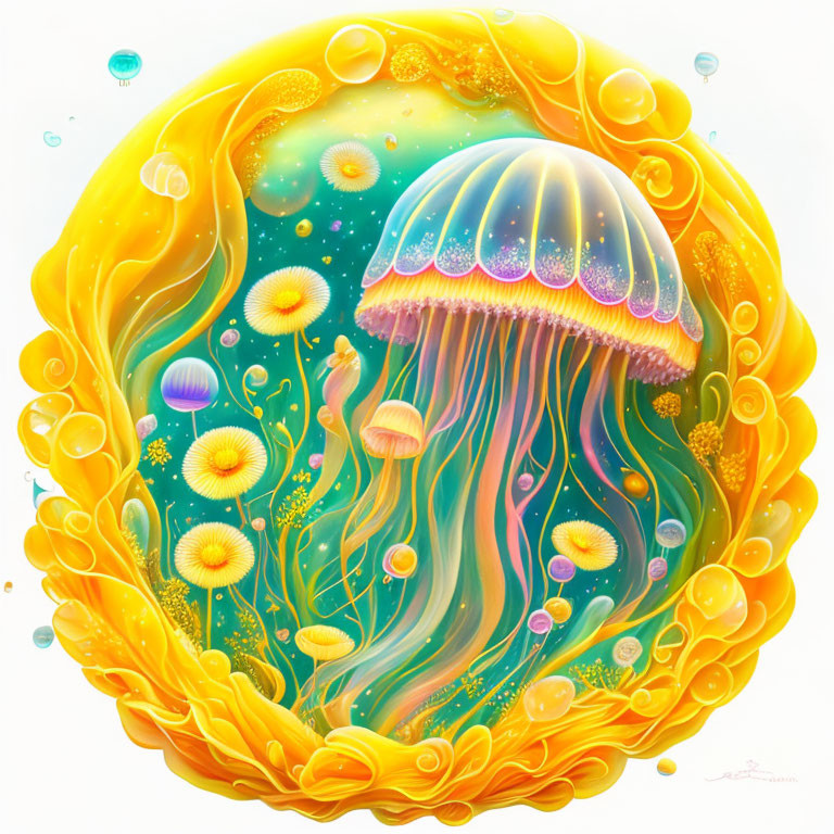 Colorful Jellyfish Surrounded by Marine Life and Flora