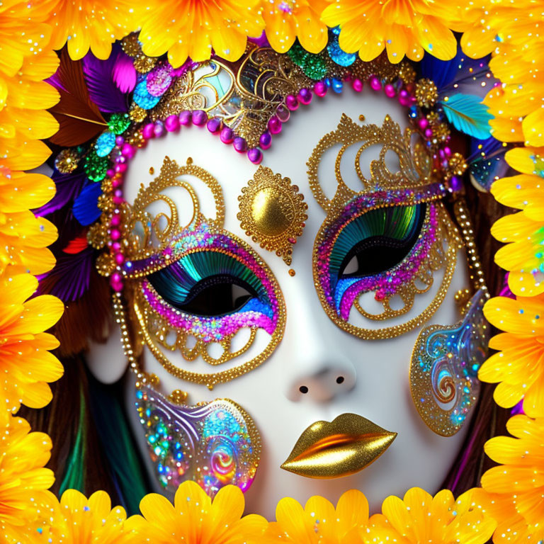 Colorful Masquerade Mask Illustration with Feathers, Beads, and Flowers