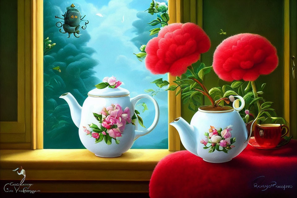 Whimsical artwork: Floral teapots, red trees, floating robot