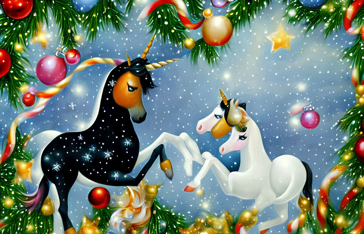 Illustrated unicorns with Christmas decorations in snowy setting