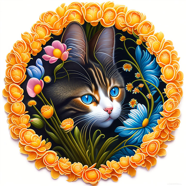 Colorful Cat Face Surrounded by Orange and Blue Flowers