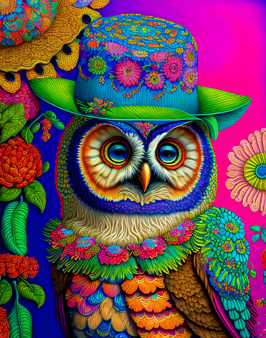 Colorful Stylized Owl with Floral Motif and Top Hat Design