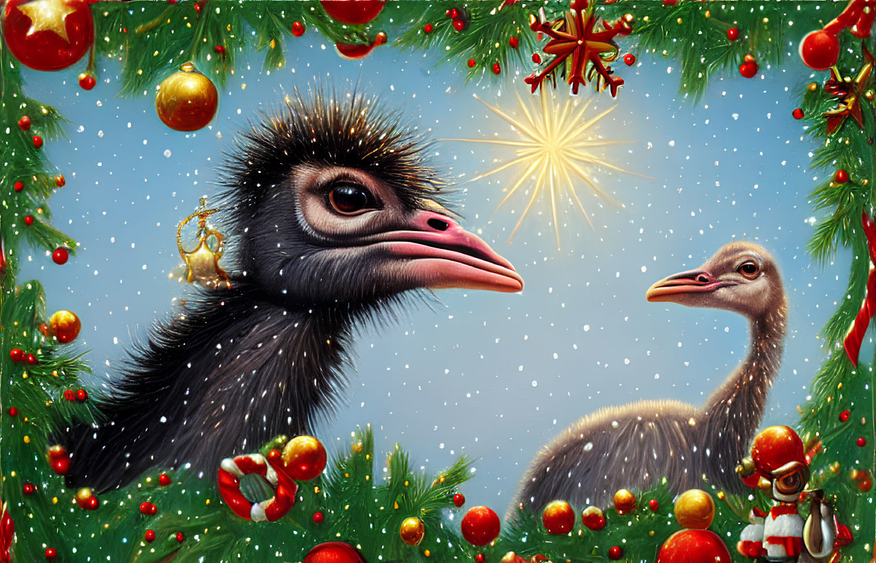 Two ostriches adorned with Christmas decorations in a festive setting.