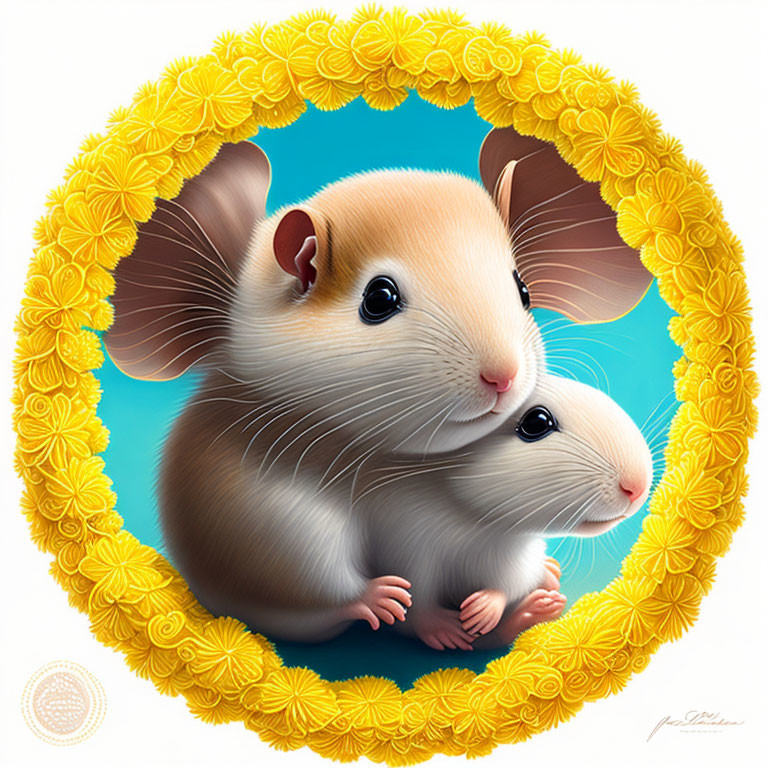 Adorable mice in yellow floral border on blue background