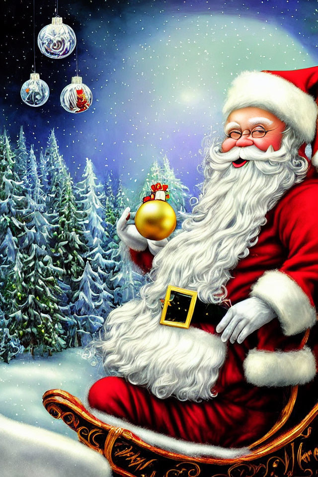 Festive Santa Claus with golden ornament in snowy setting