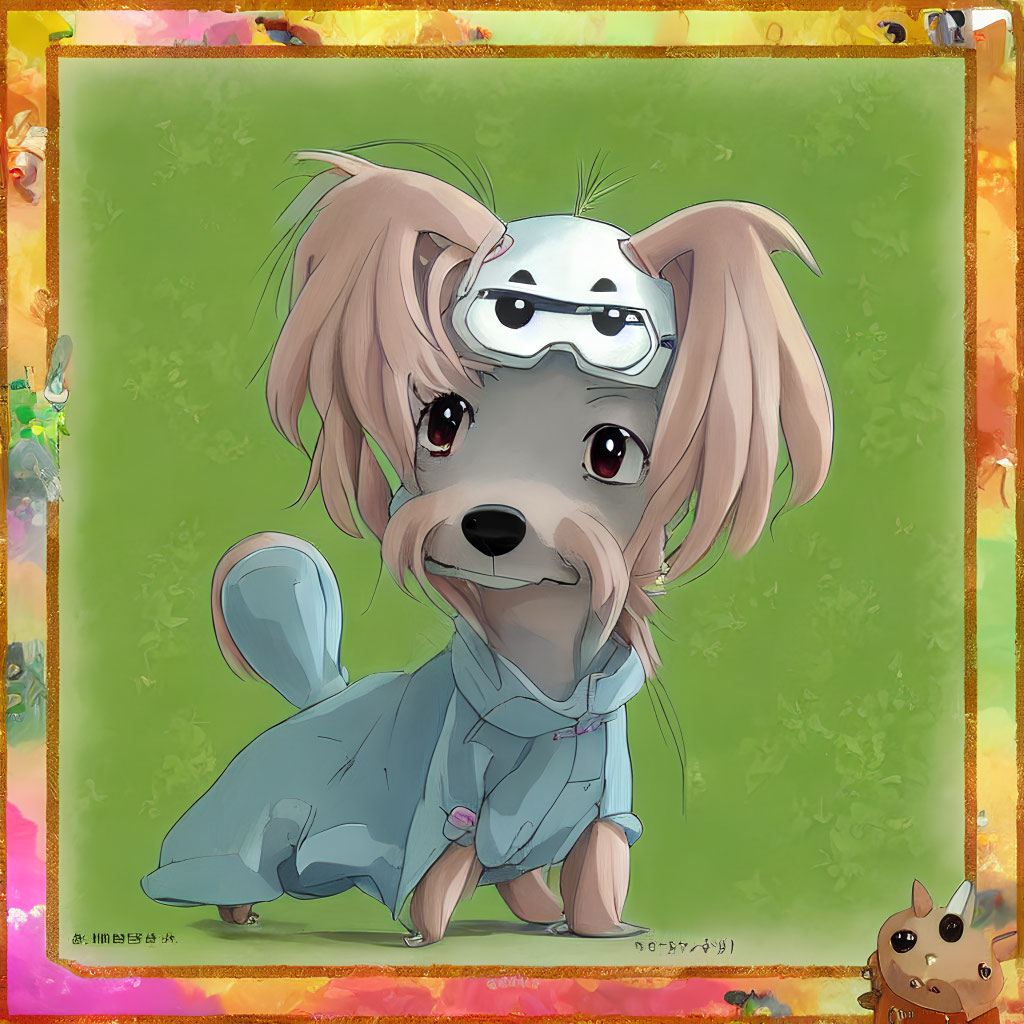 Anthropomorphic dog in blue kimono and goggles with whimsical border and stylized creature.