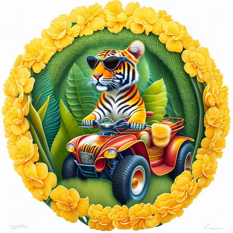 Tiger in sunglasses driving red car with floral border