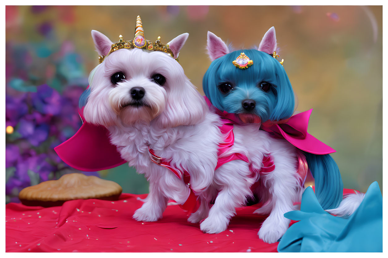 Two Small Dogs in Fantasy Costumes: Pink Cape and Unicorn Horn, Blue Mane and Tiara