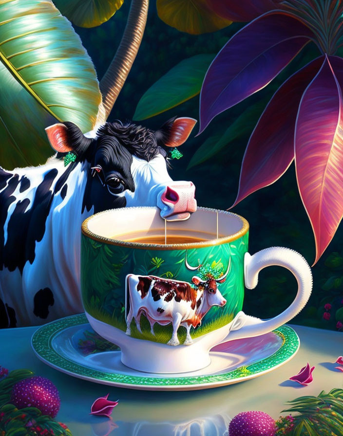 Cow peeking from behind ornate cow-patterned teacup in whimsical illustration