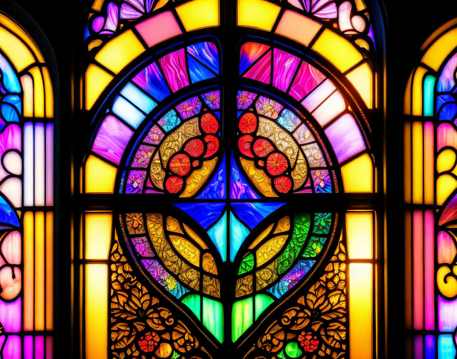 Symmetrical floral patterns in vibrant stained glass window