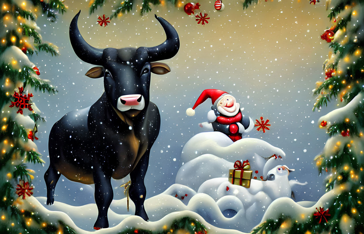 Festive Christmas scene with black bull, Santa Claus, snowmen, and snow-covered trees