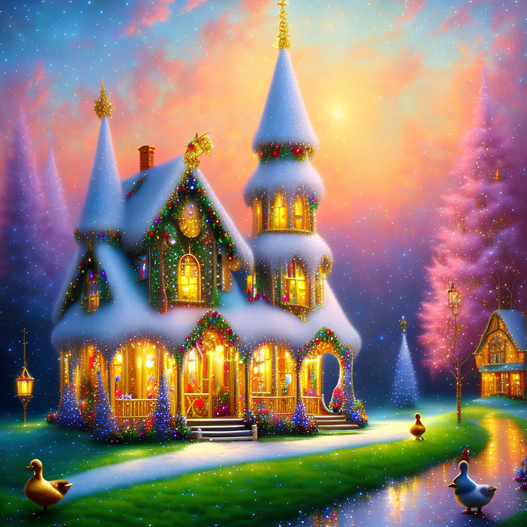 Snow-covered house with Christmas lights, ducks, and lanterns in twilight scene