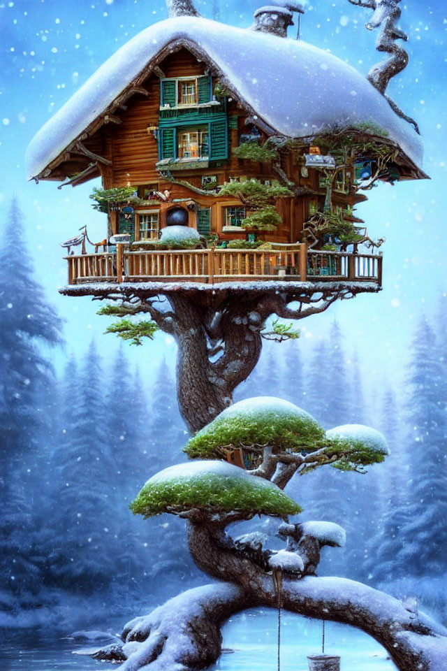 Detailed Winter Treehouse in Snowy Landscape