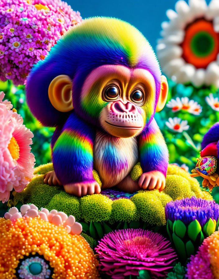 Colorful Illustration: Rainbow Monkey Surrounded by Vibrant Flowers and Birds