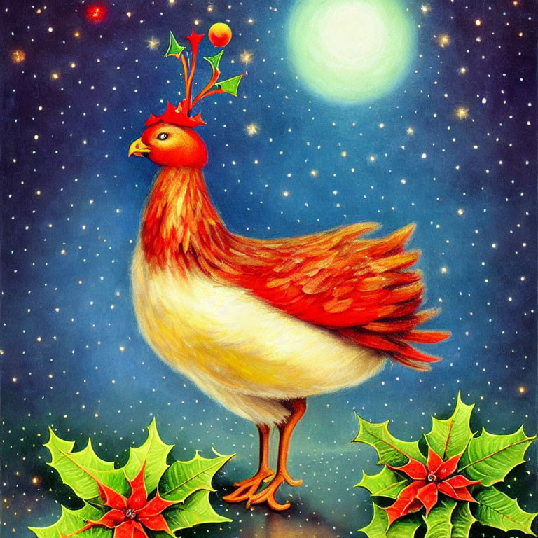 Colorful Chicken with Christmas Holly in Moonlit Sky and Holly Leaves