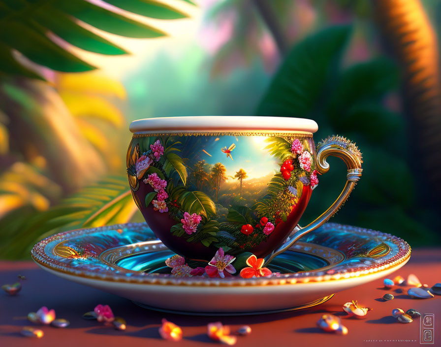 Detailed Tropical Landscape Teacup on Saucer with Green Leaves and Pink Petals