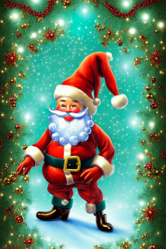 Festive Santa Claus in Red and White with Holiday Background