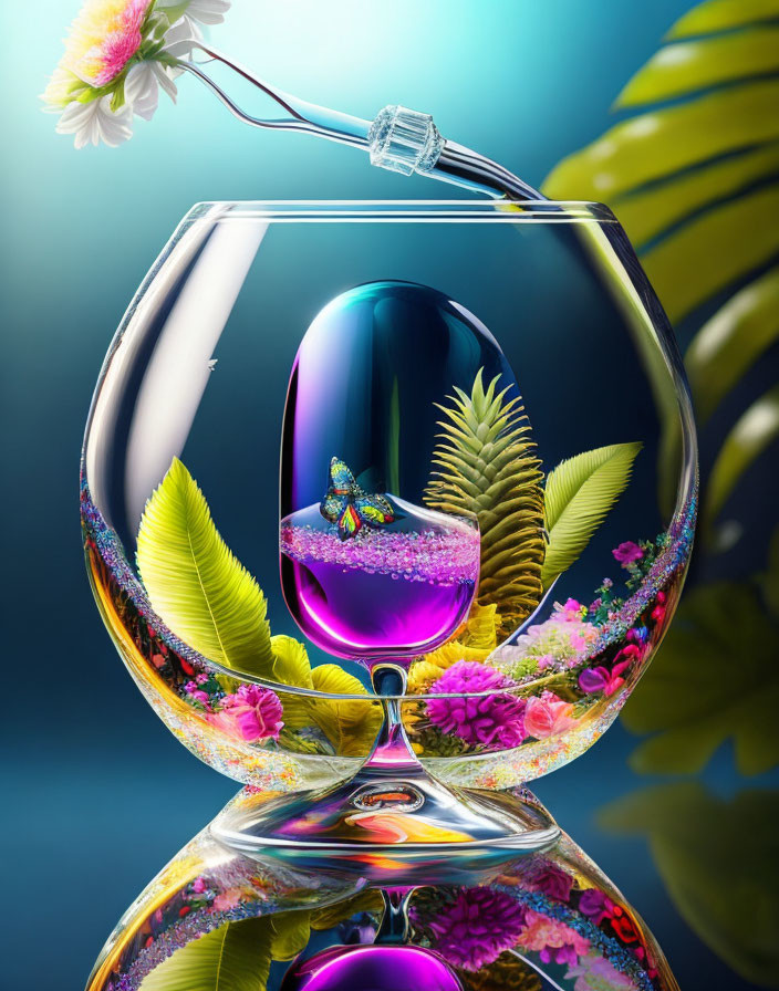 Vivid surreal art: wine glass with floral liquid landscape and butterfly.