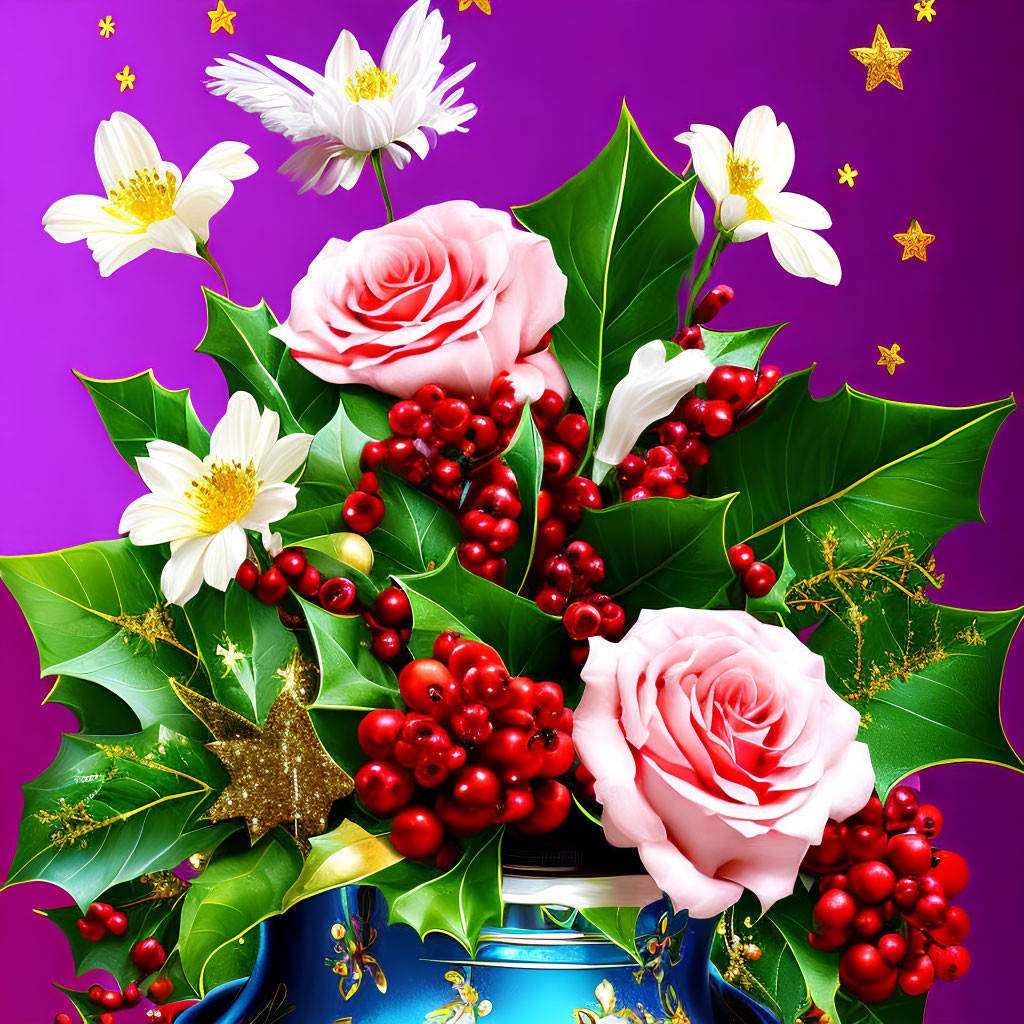 Colorful Floral Arrangement with Holly Leaves on Purple Background