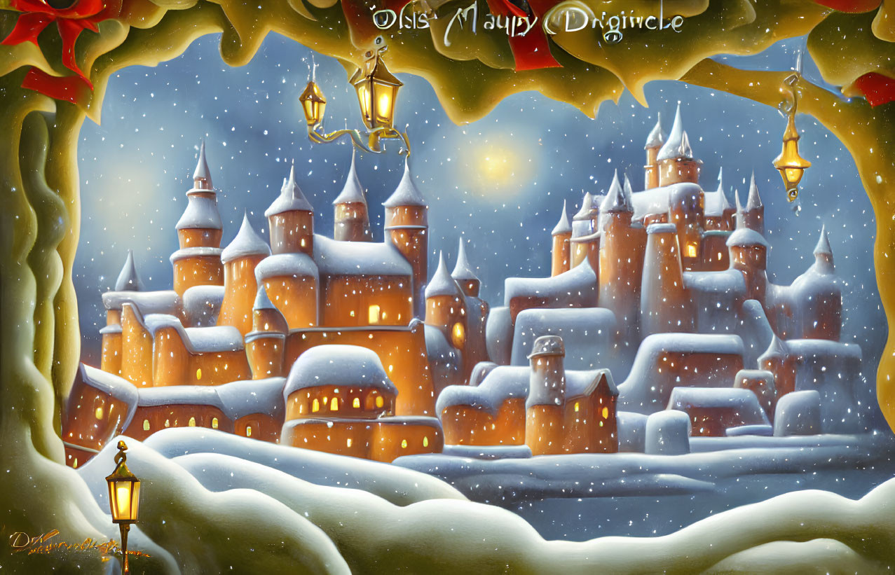 Snow-covered castle at night with golden lanterns and falling snowflakes