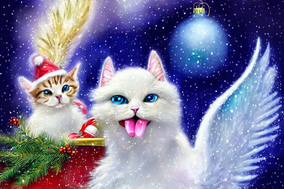 Whimsical winged cats in Santa hat with Christmas decorations