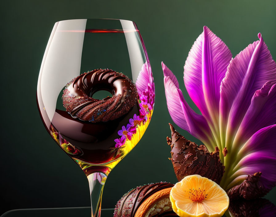 Chocolate-themed wine glass with doughnuts and flowers on dark background