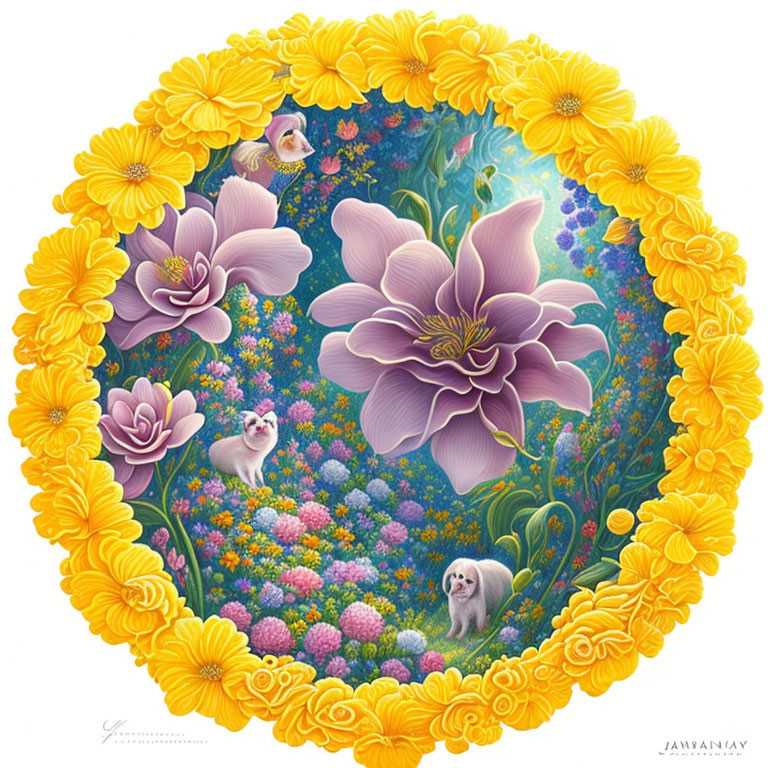 Circular Floral Illustration with Yellow and Purple Flowers and Small Animals