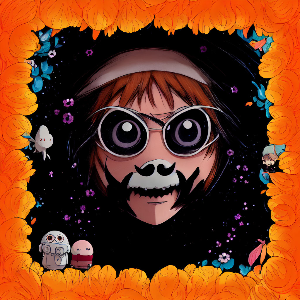 Person with Round Glasses and Face Paint in Floral Frame with Cartoon Characters