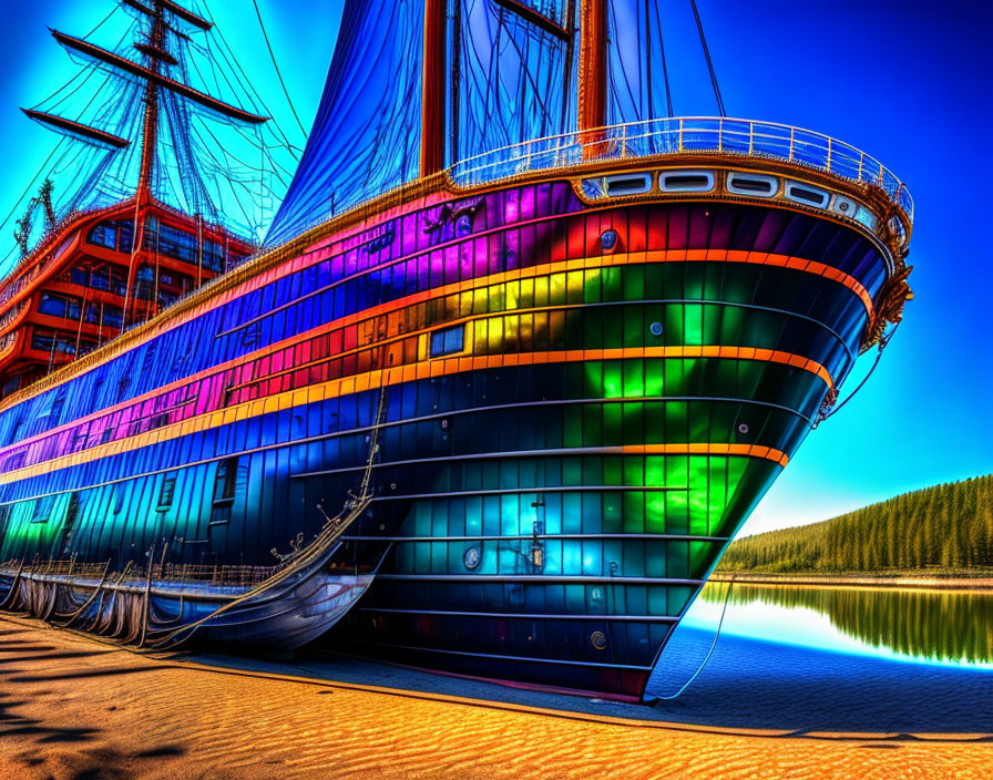 Colorful Wooden Ship Hull Docked by Calm Waters