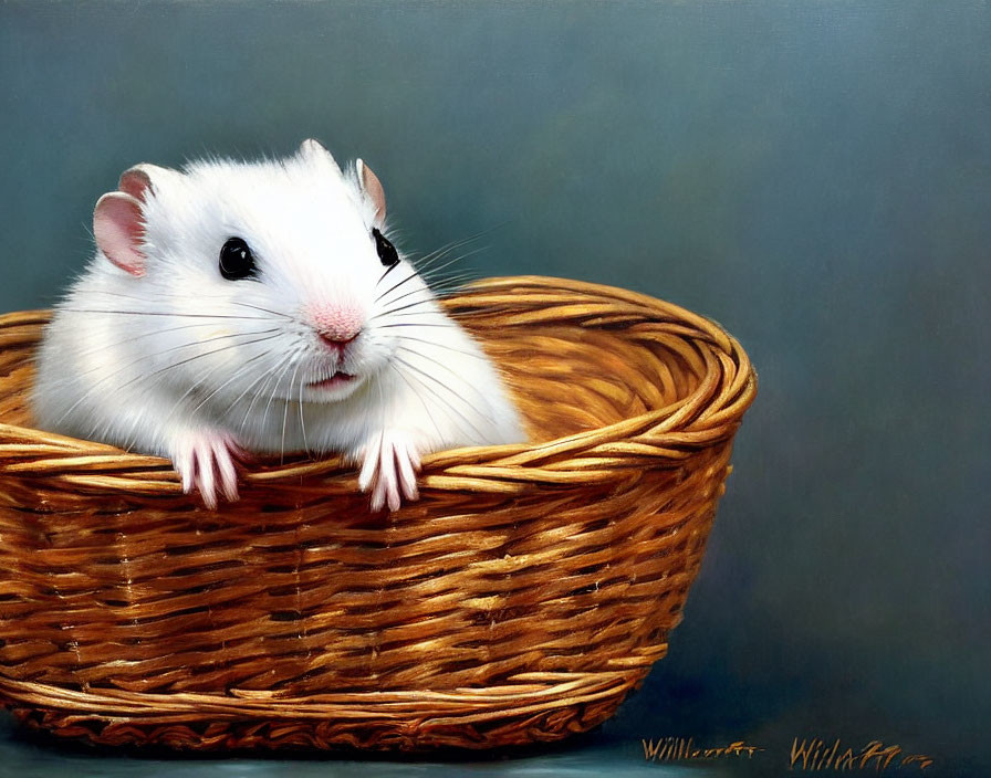 White Guinea Pig with Dark Eyes and Light Brown Fur in Woven Basket on Grey Background