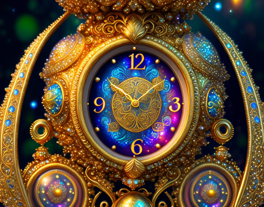 Intricate golden clock with sparkling jewels on blue and rainbow bokeh.