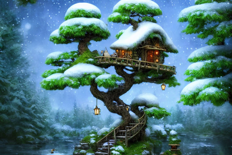 Snow-covered treehouse with warm glowing lights in serene winter scene