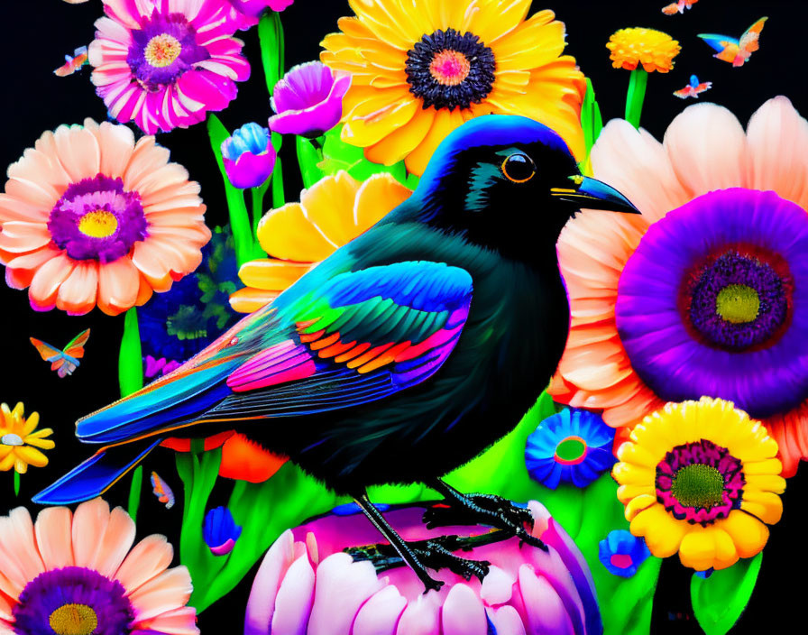 Colorful Bird Surrounded by Flowers and Butterflies