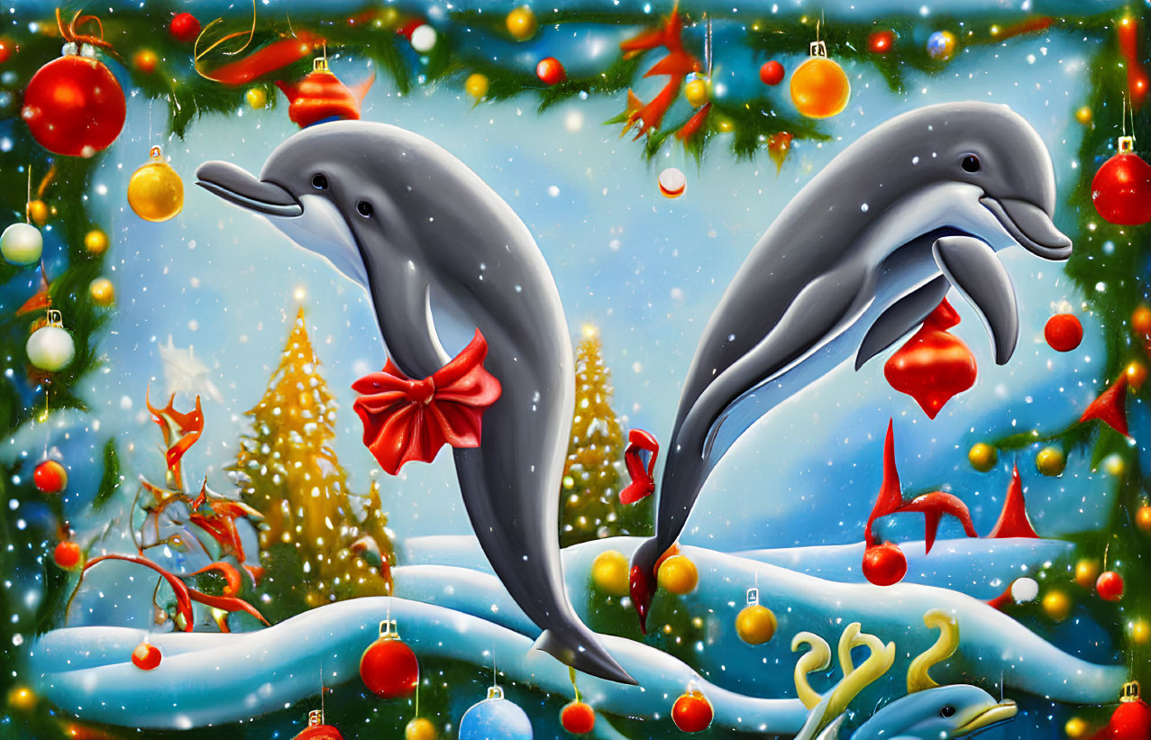 Festive Christmas dolphins with trees, baubles, and snowflakes