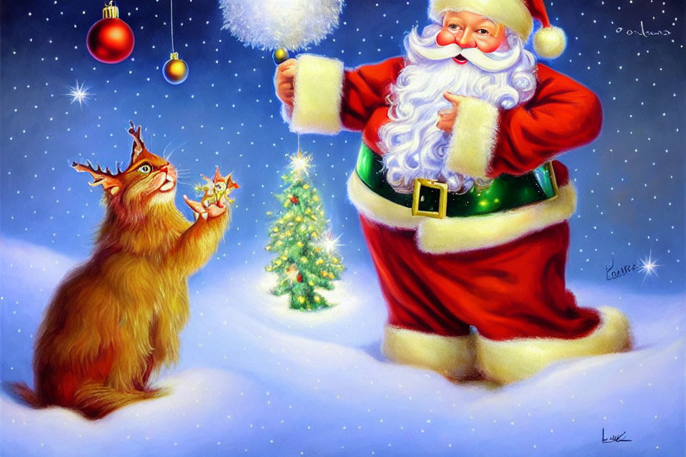 Santa Claus with magic wand and star, entertaining cat under night sky with Christmas tree.