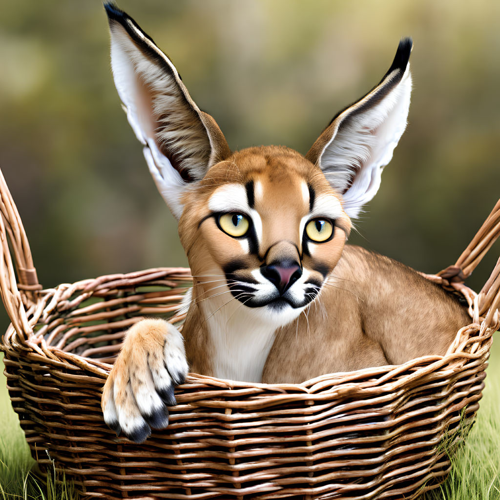 Anthropomorphic Caracal with Expressive Eyes in Wicker Basket