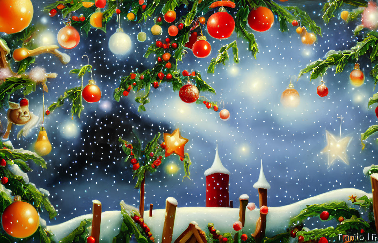 Christmas-themed winter scene with snowfall, decorated fir branches, and snow-covered houses.